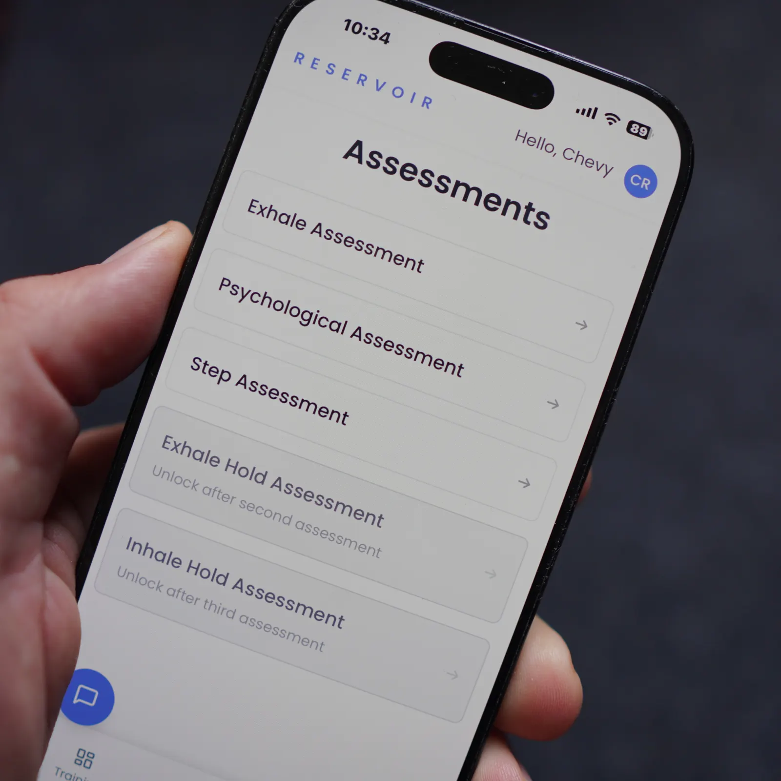 The Reservoir app assessments screen