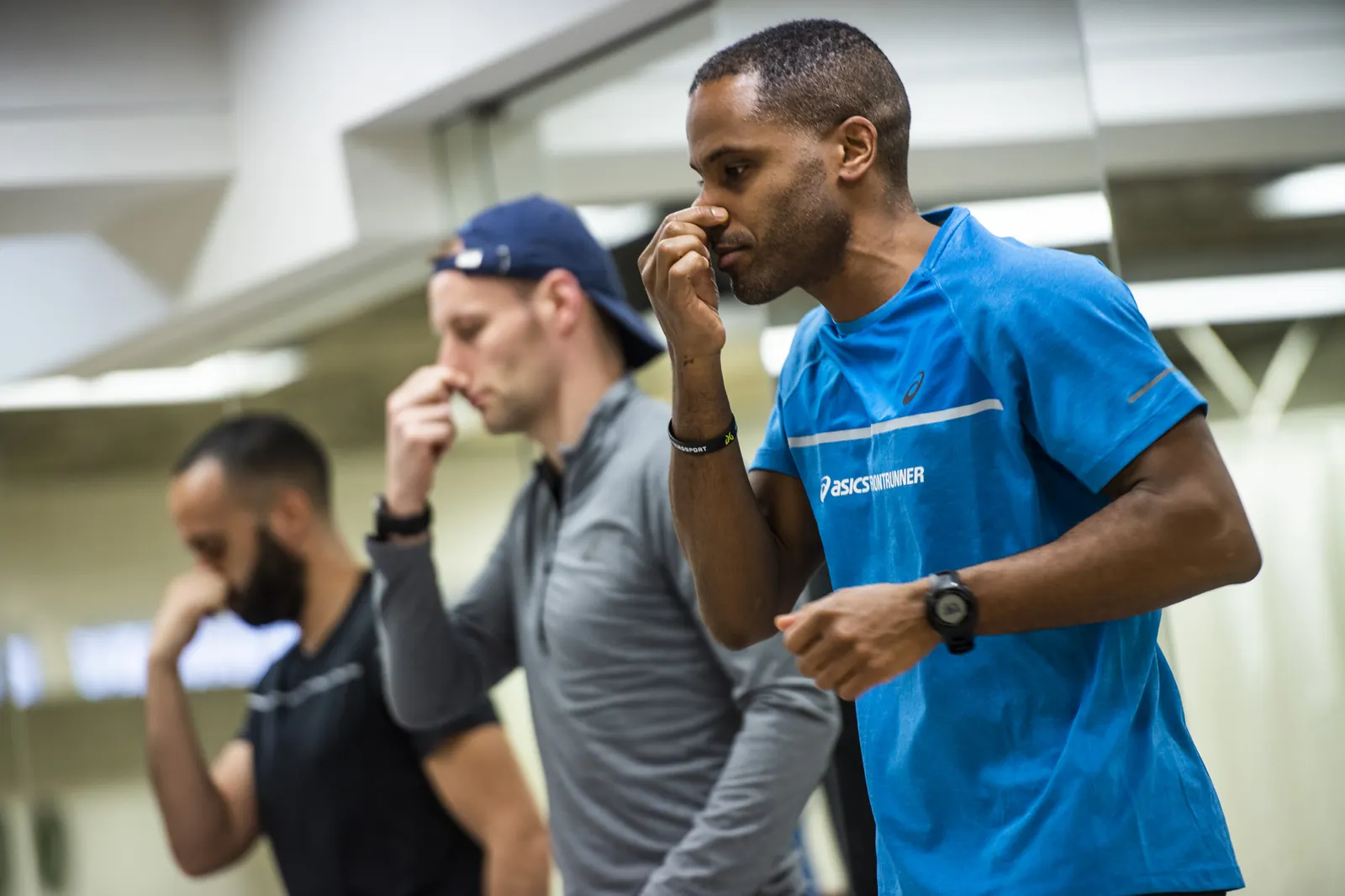 Participants doing a breathing drill